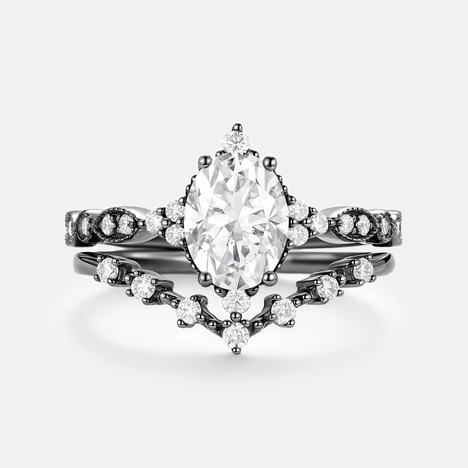 Oval Cut Emerald & Moissanite Yellow Gold Ring Set 2pcs - Heliux Warm Accent