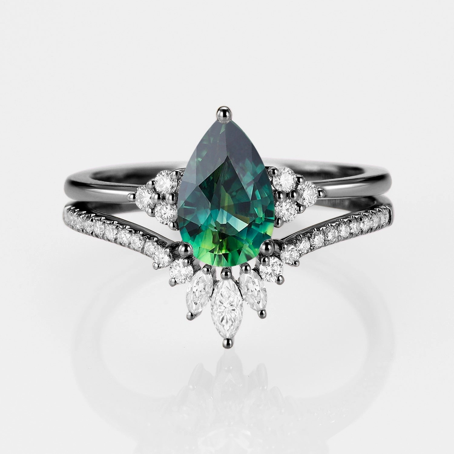 Graceful Design Classic Engagement - Pear Teal Sapphire Engagement Ring Set 2pcs - Lydia