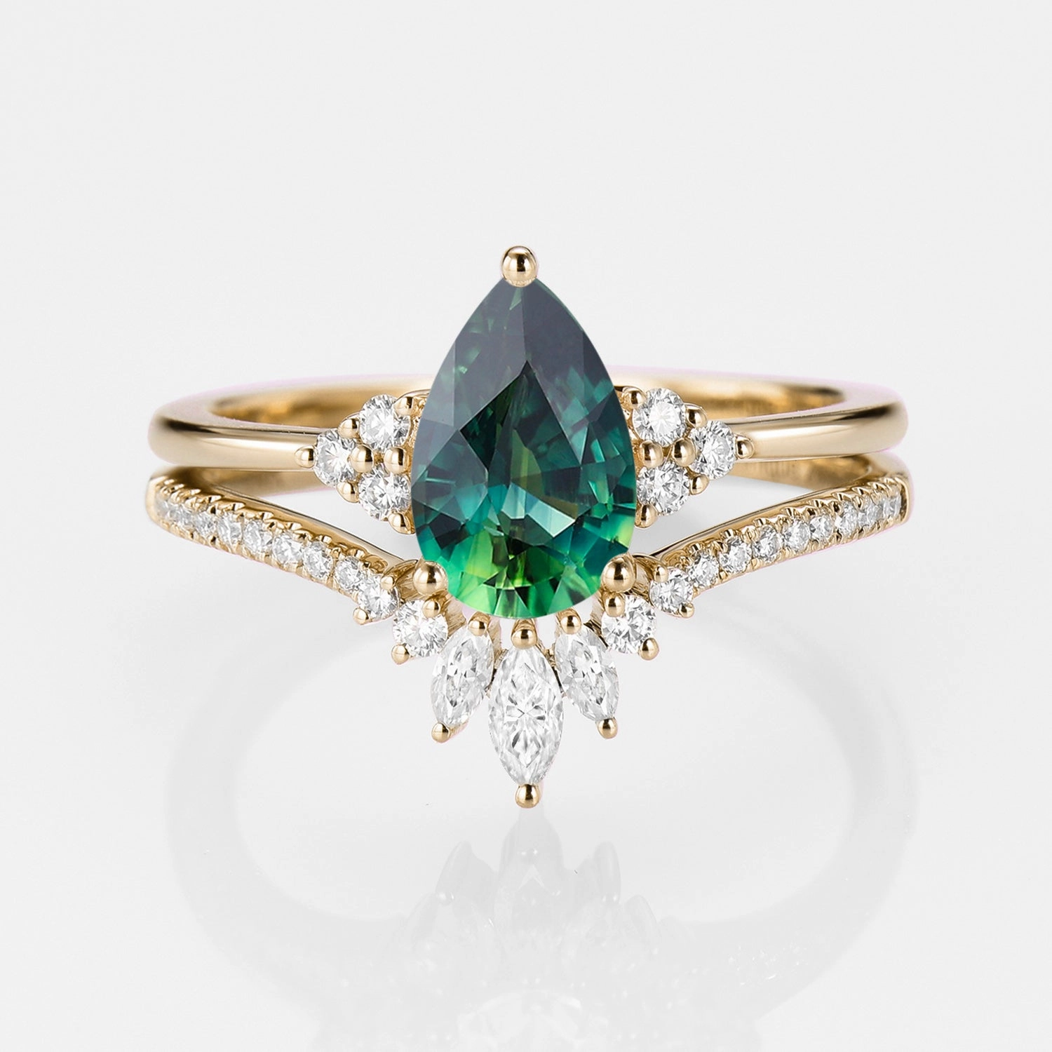 Style Upgrade Model Shot Classic Engagement - Pear Teal Sapphire Engagement Ring Set 2pcs - Lydia