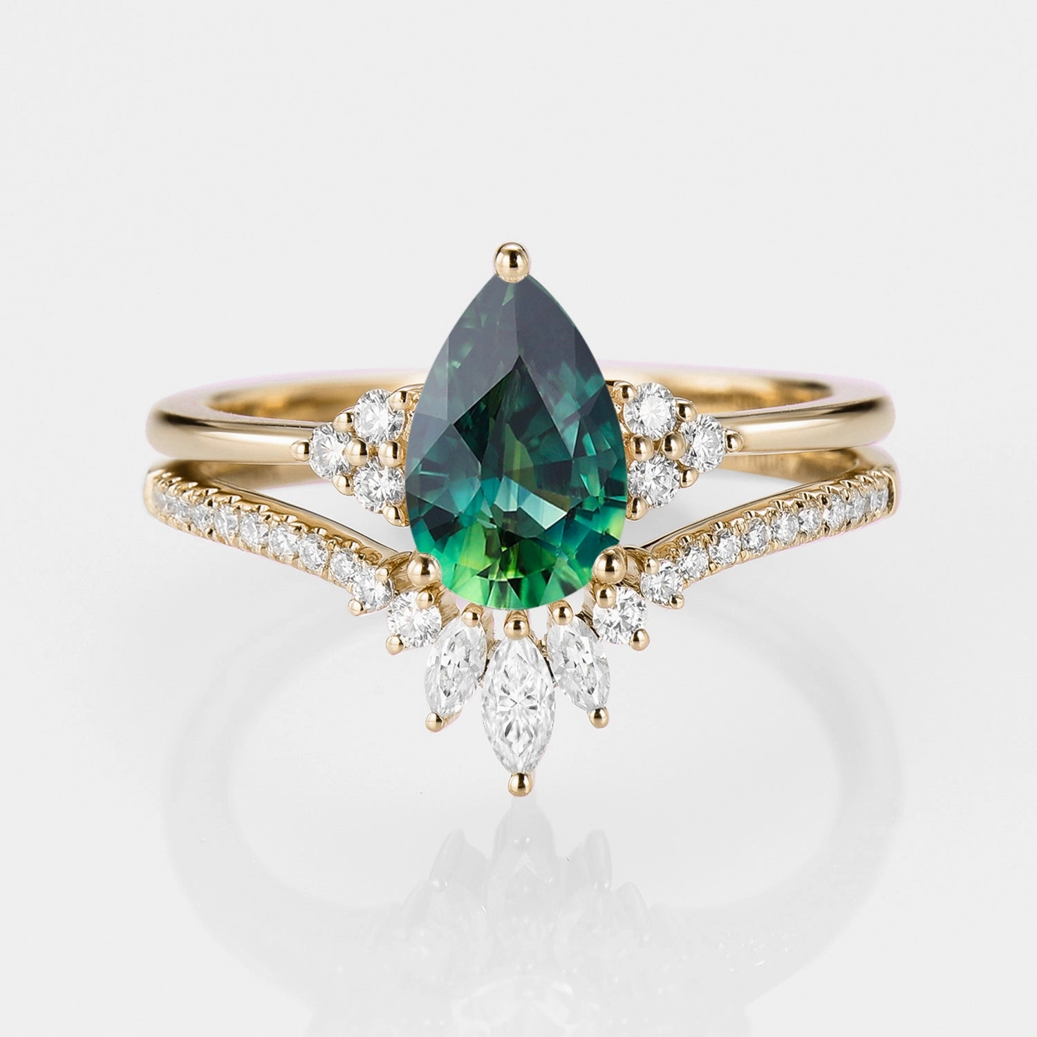 Classic Engagement - Pear Teal Sapphire Engagement Ring Set 2pcs - Lydia Trendy Form Classic Shine