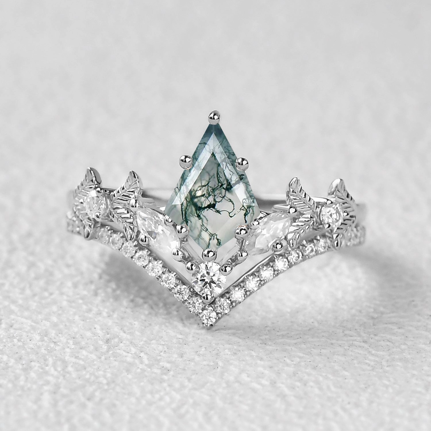 Bright Shine Elegant accessories Kite Cut Moss Agate Leafy Art-Deco Engagement Ring Set 2pcs