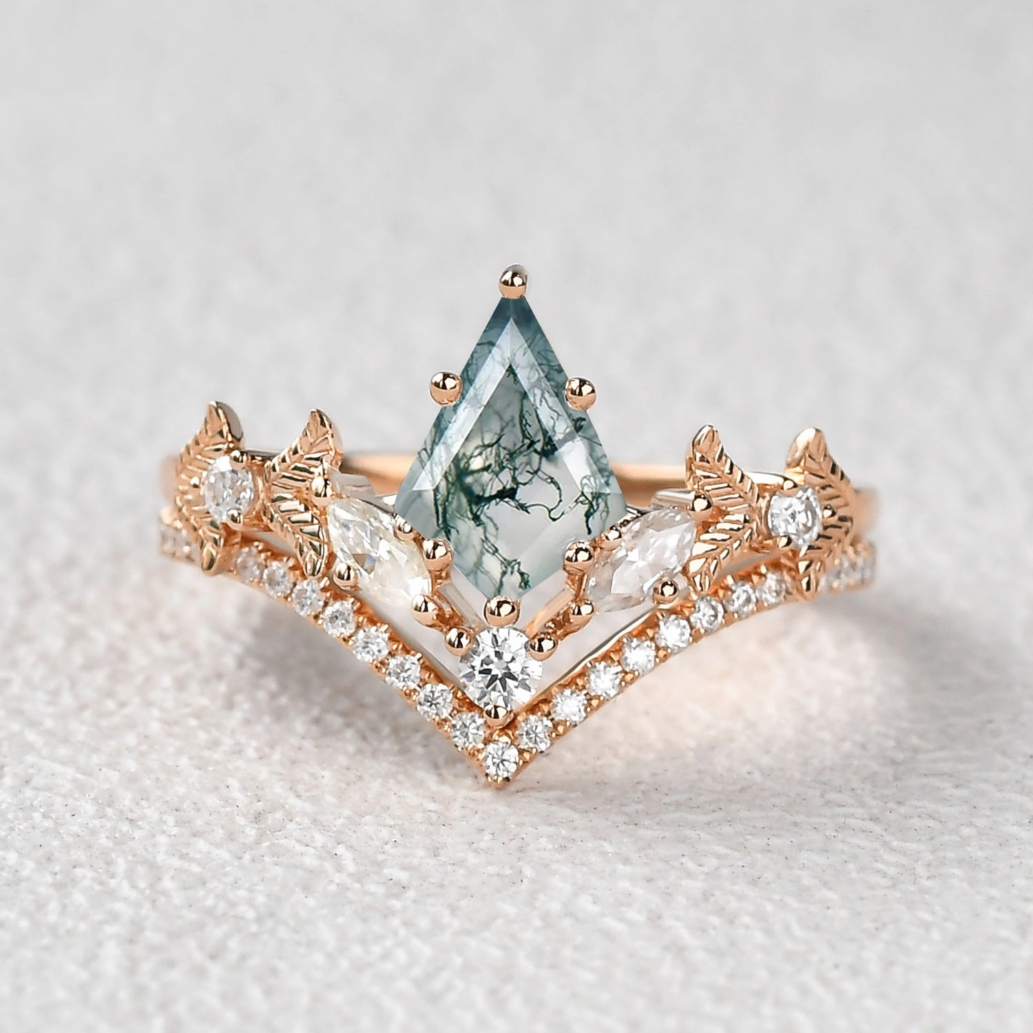 Kite Cut Moss Agate Leafy Art-Deco Engagement Ring Set 2pcs Dinner Party Allure Accent