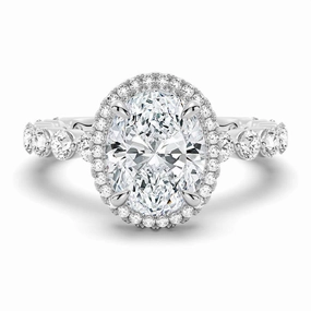 Light Pop Golden Accent Oval Halo with Pav?? Shared Prong Band Moissanite Engagement Ring