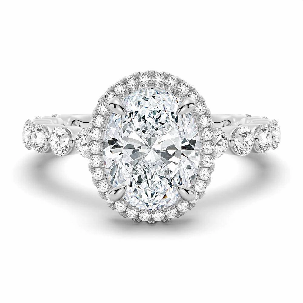 Radiant Style Oval Halo with Pav?? Shared Prong Band Moissanite Engagement Ring