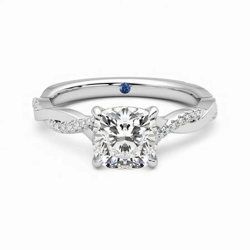 Sculpted Edge Twisted Band Cushion Cut Moissanite Engagement Ring with Hidden Anniversary Stone Accent