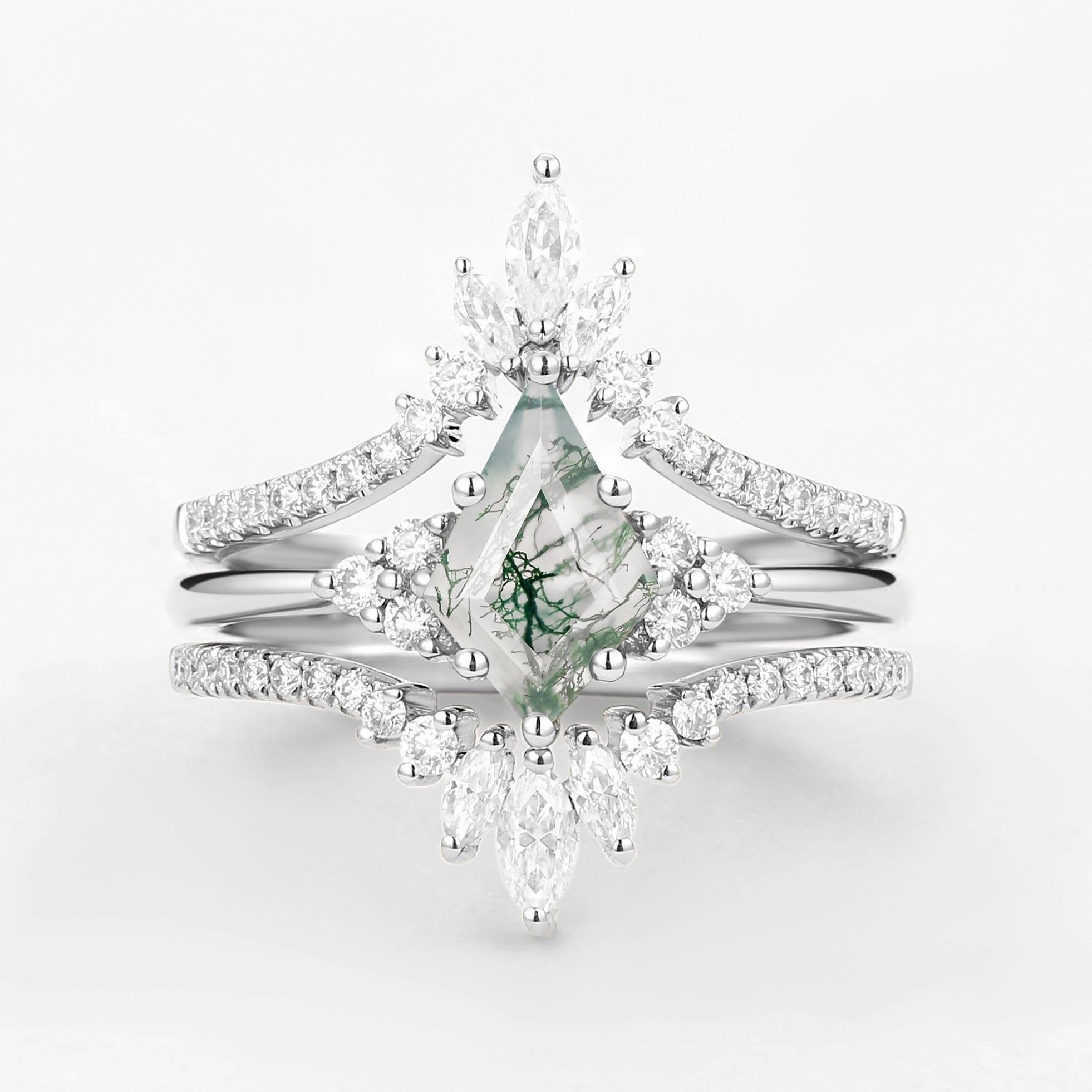 Unique Women Kite Cut Moss Agate Engagement Ring Set 3pcs Impressive Feature