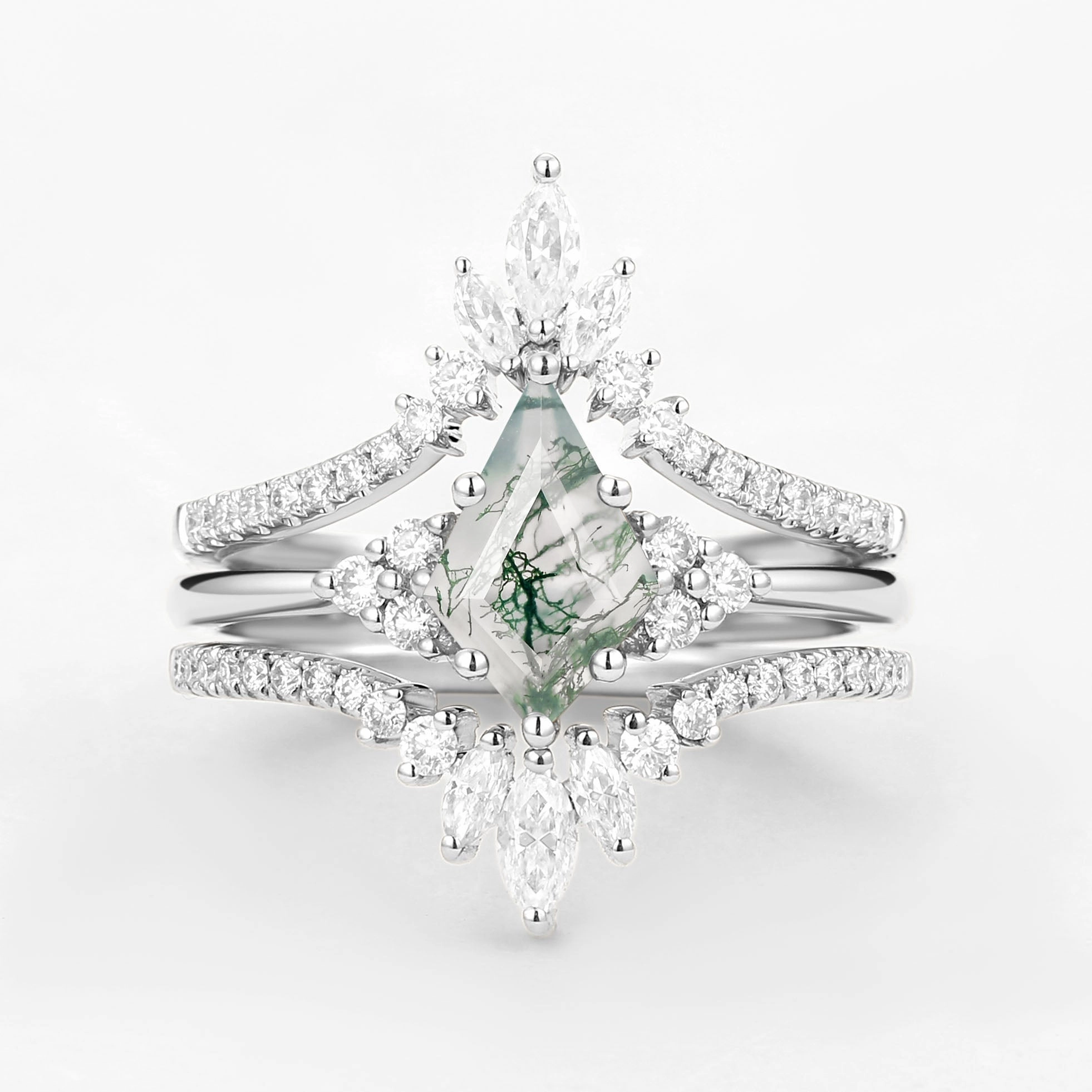 Unique Women Kite Cut Moss Agate Engagement Ring Set 3pcs Ethereal Form