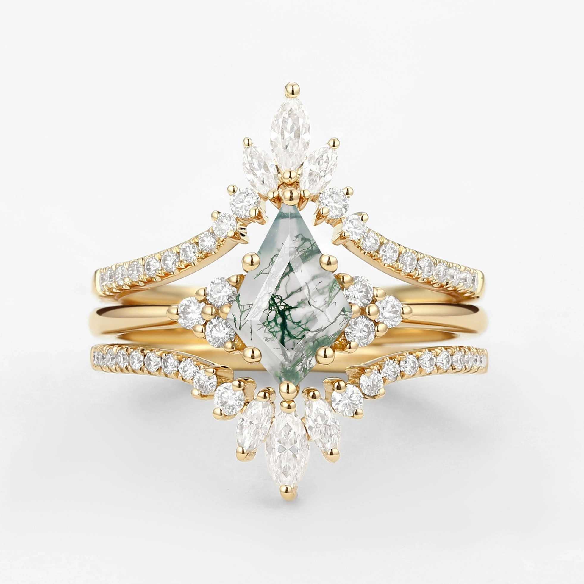 Fashion Essential Exclusive Touch Unique Women Kite Cut Moss Agate Engagement Ring Set 3pcs