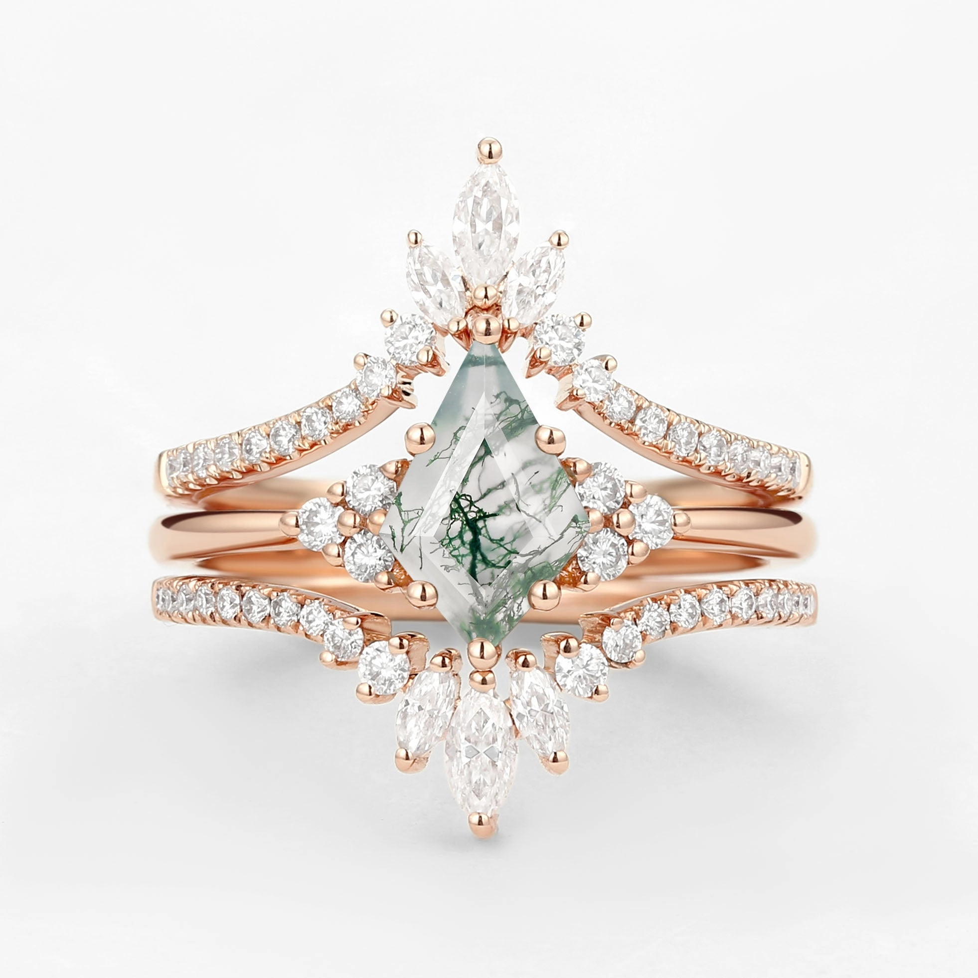 Unique Women Kite Cut Moss Agate Engagement Ring Set 3pcs Festival Outfit