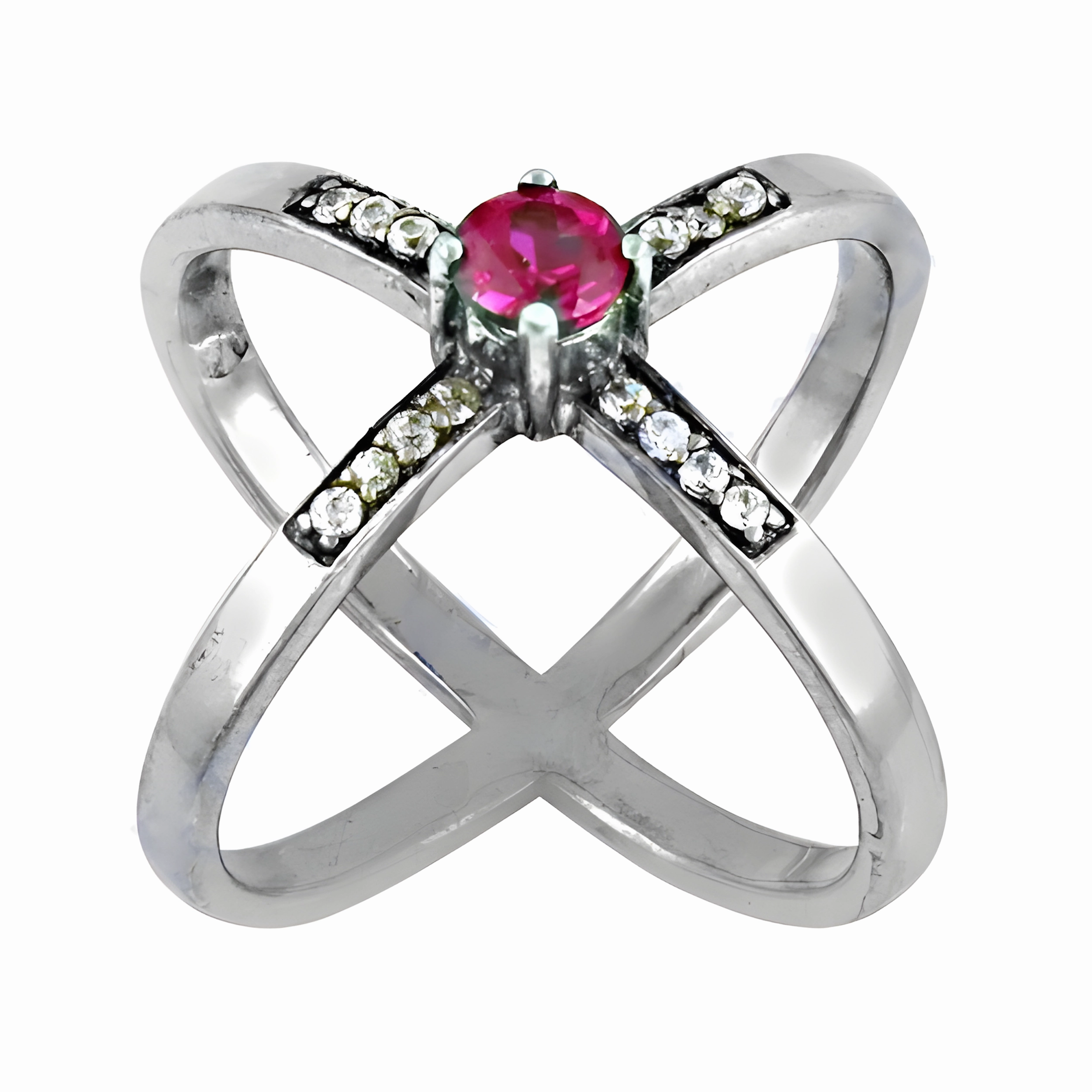Stylish Pink & White Cubic Zirconia Silver Ring - Rocking Design Rounded Corner