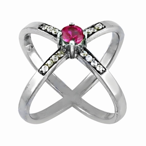 Stylish Pink & White Cubic Zirconia Silver Ring - Rocking Design Rounded Corner