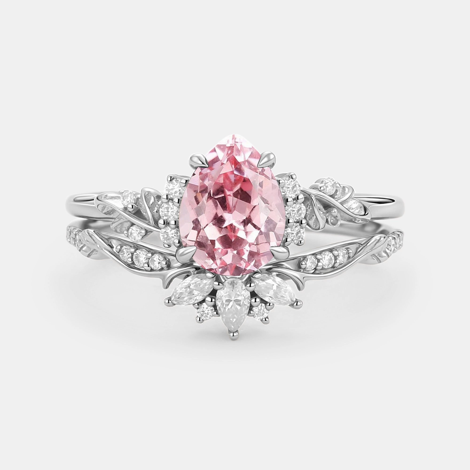 Flower Pear Cut Lab Pink Sapphire Leafy Ring Sets 2pcs - Lola everyday elegance Stunning Finish