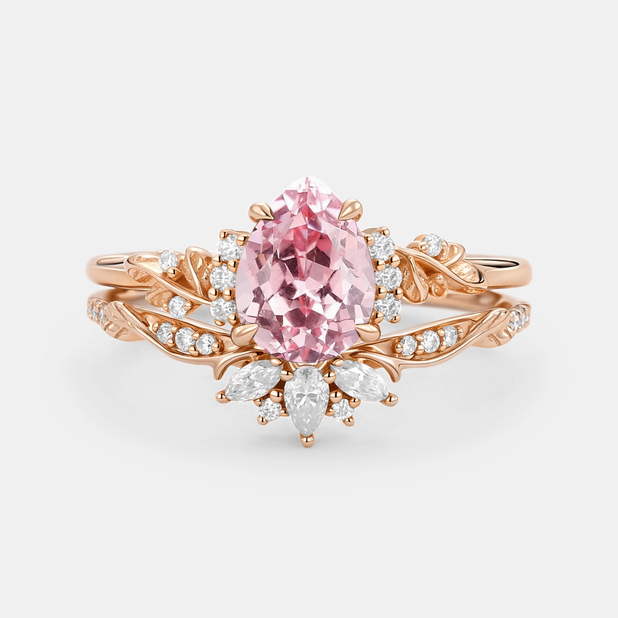 Shining Gem Flower Pear Cut Lab Pink Sapphire Leafy Ring Sets 2pcs - Lola