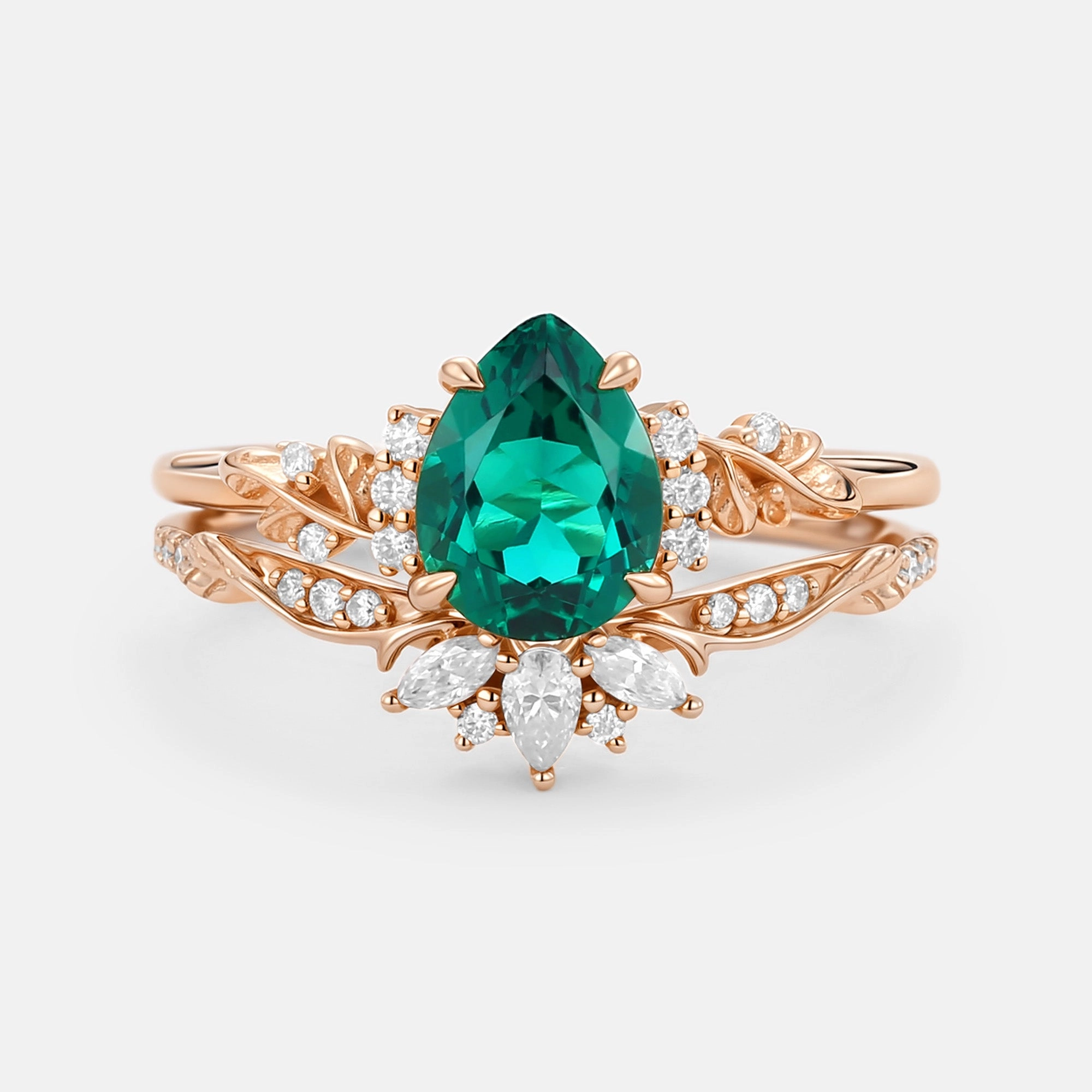 Sunset Look Gentle Finish Flower Pear Cut Lab Pink Sapphire Leafy Ring Sets 2pcs - Lola