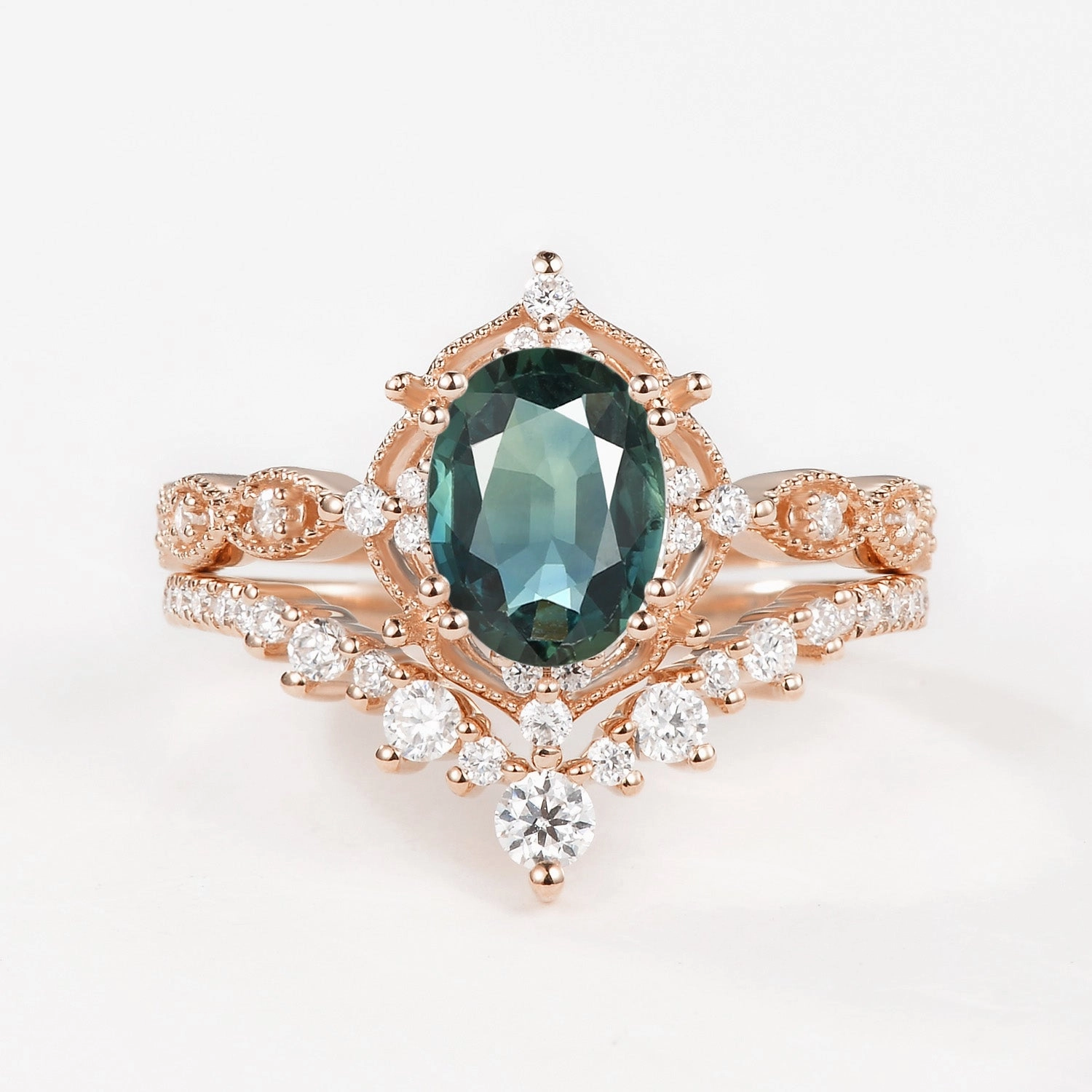 Signature Vintage - Oval Cut Teal Sapphire Vintage Ring Set 2pcs - Charlotte Evening Detail Festive Wear