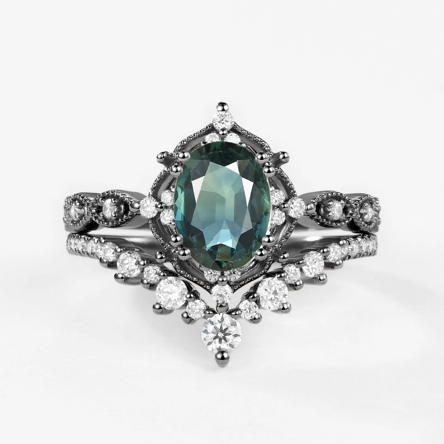 Sophisticated Pieces Gleaming Highlight Signature Vintage - Oval Cut Teal Sapphire Vintage Ring Set 2pcs - Charlotte