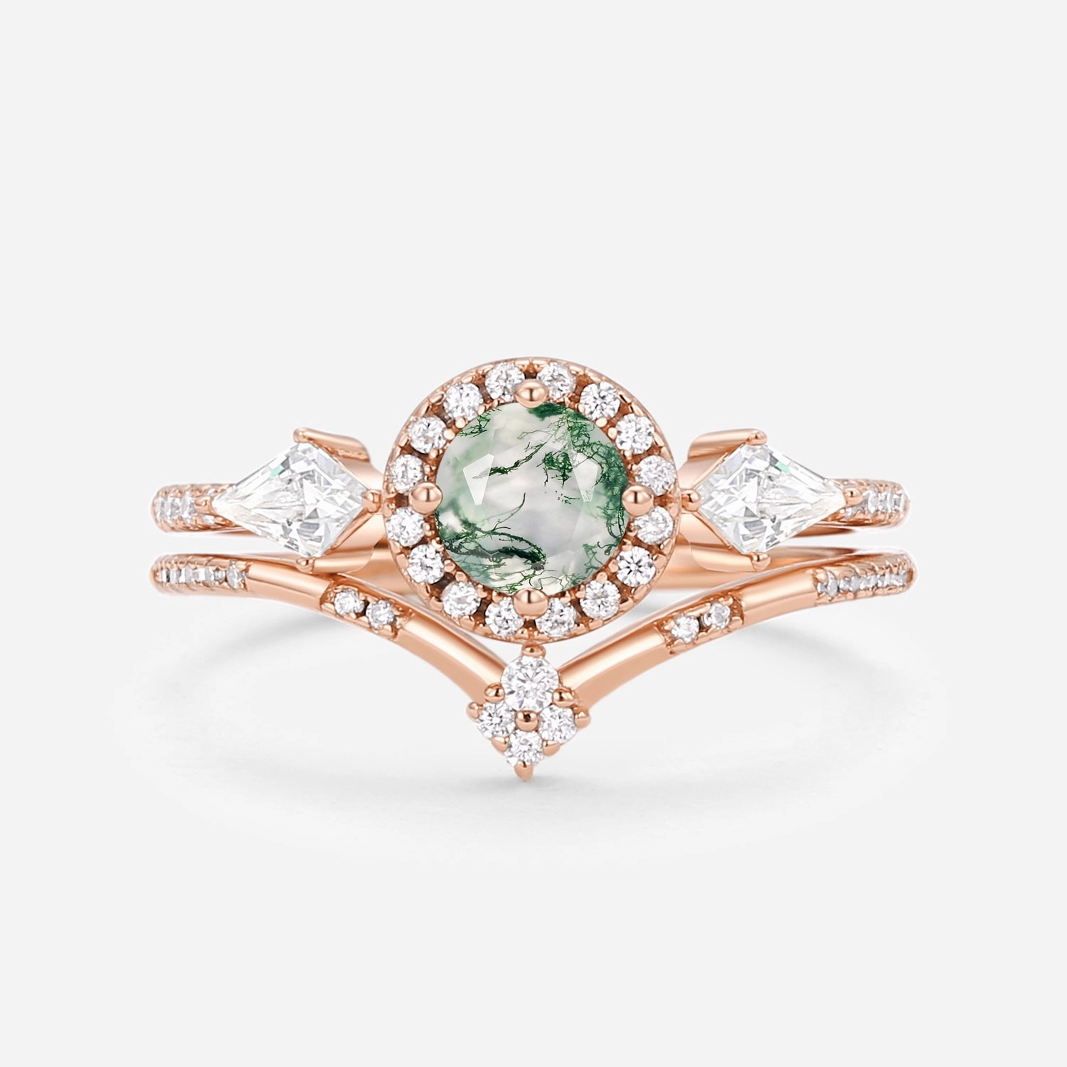 Round Shaped Moss Agate Halo Engagement Ring Sets 2pcs Flawless Accent Soft Lighting