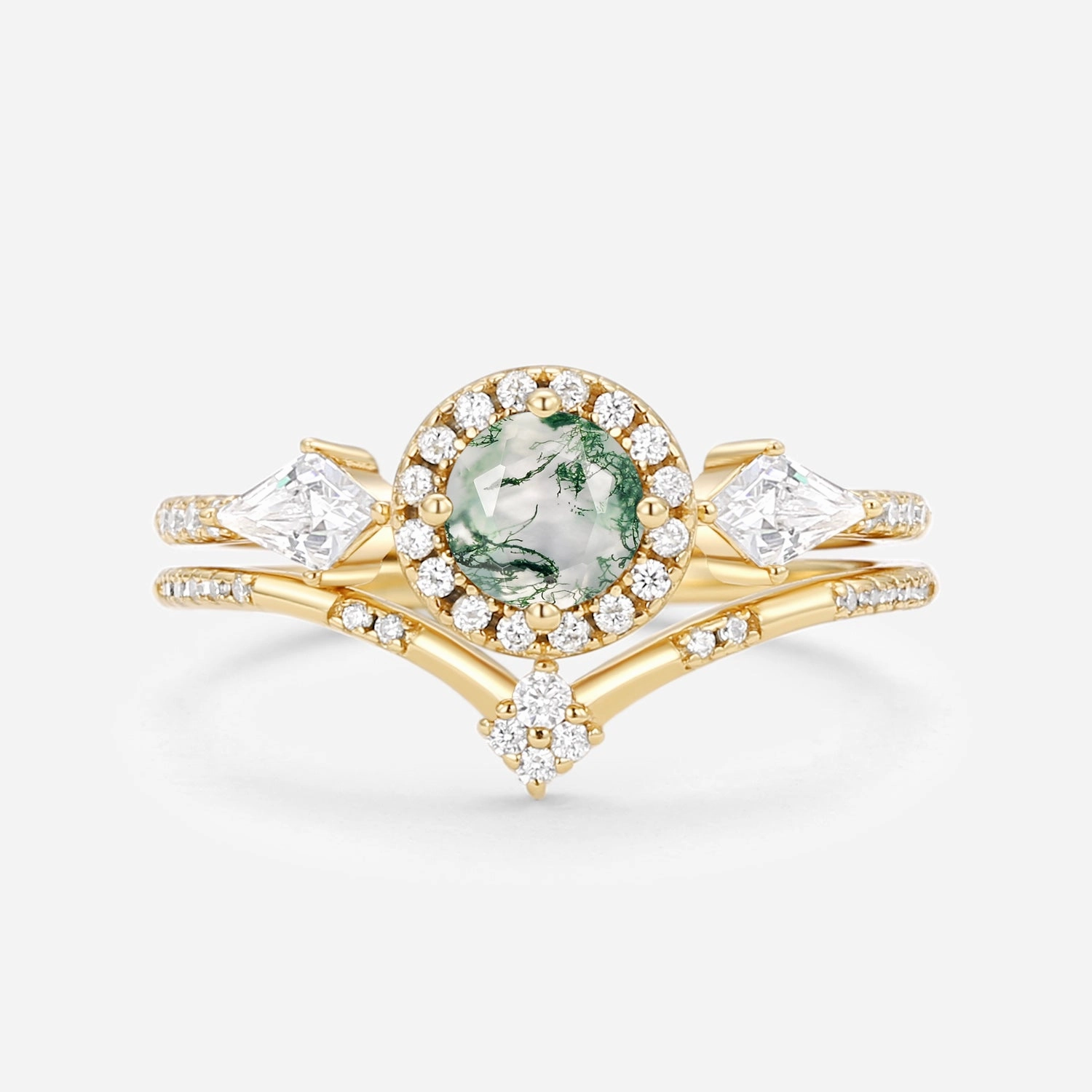 Creative Craft Alluring Style Round Shaped Moss Agate Halo Engagement Ring Sets 2pcs