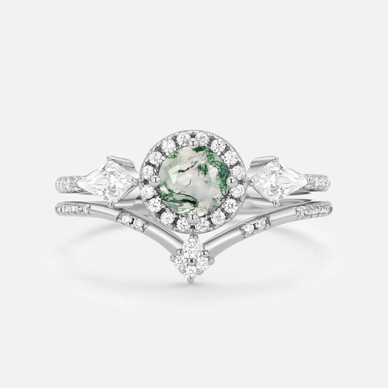 Graceful Form Flawless Glam Round Shaped Moss Agate Halo Engagement Ring Sets 2pcs