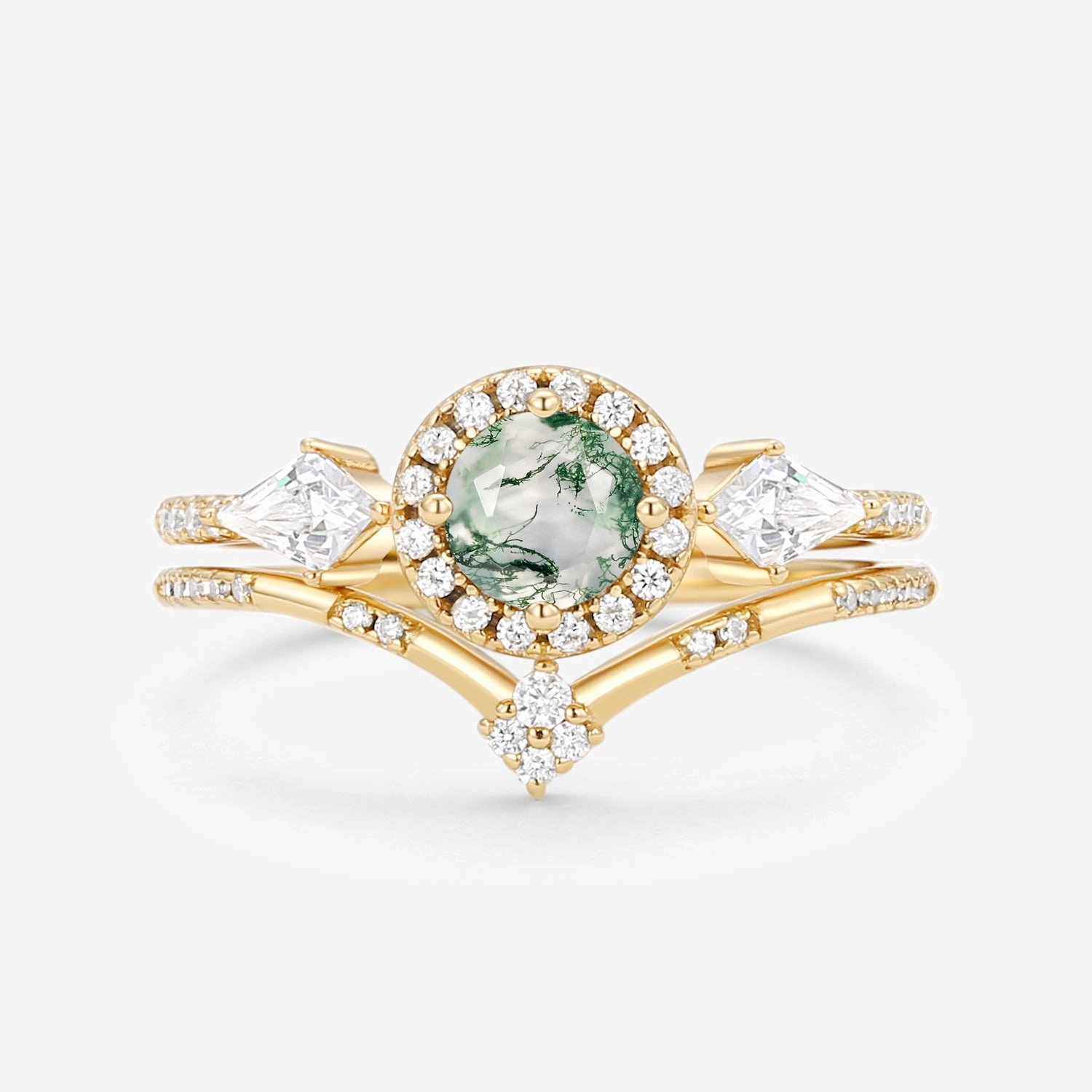 Minimal Glow Mature Style Round Shaped Moss Agate Halo Engagement Ring Sets 2pcs