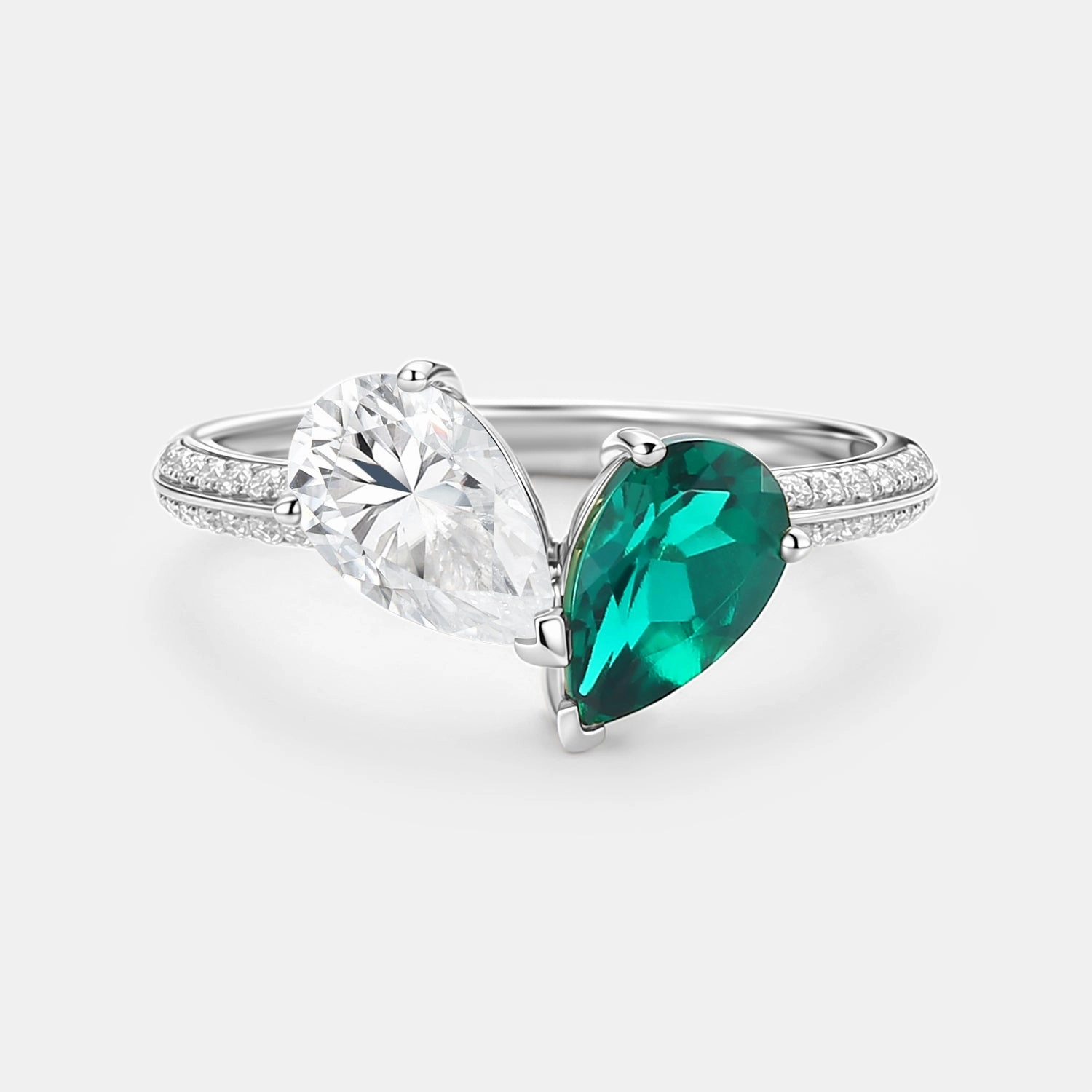 Soft Lighting Toi Et Moi Lab Emerald & Moissanite Engagement Ring