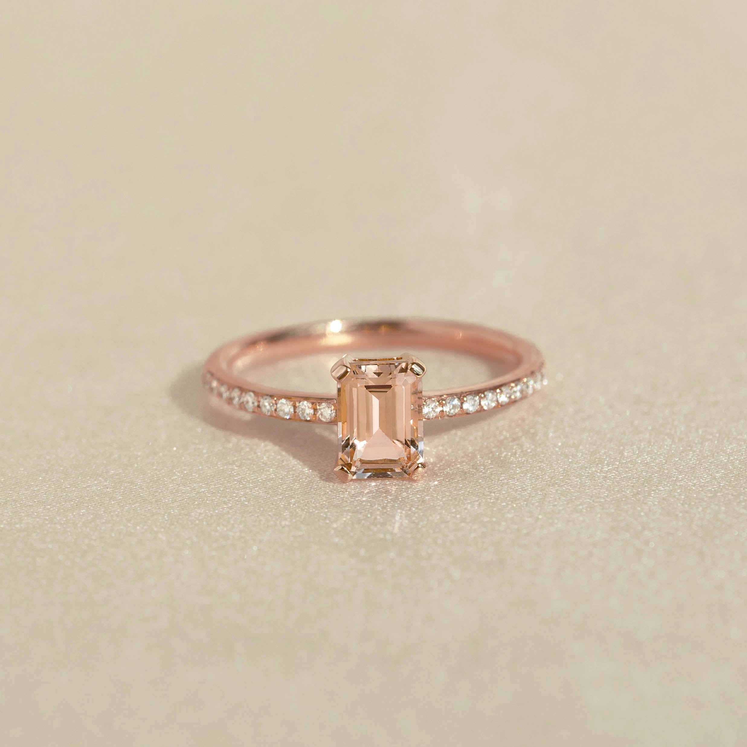 Baguette Morganite and Diamond Ring Rose Gold - Safiya Size Flexible