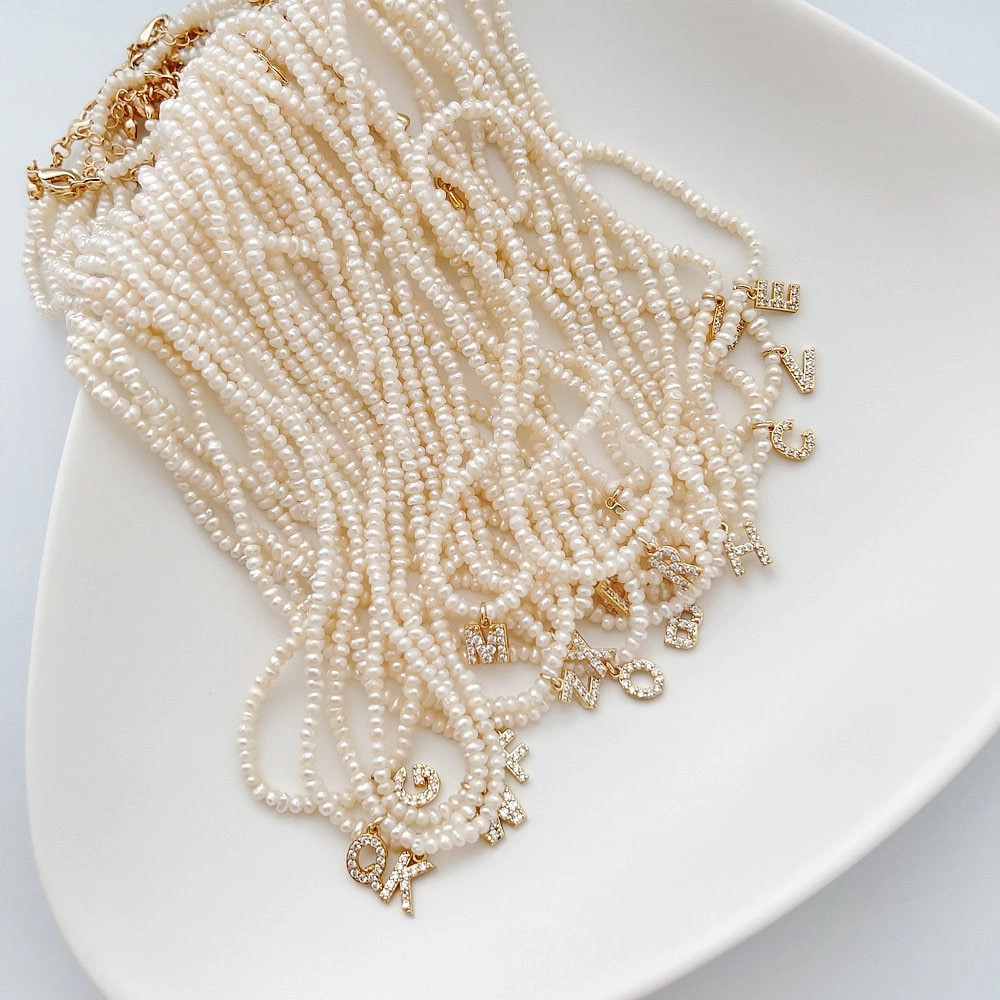 Chic Design Personlized Pearl Initial Necklace with CZ stones | Crystal Pearl Charm Initial Necklace, Personalized White Pearl Necklace, Letter Choker