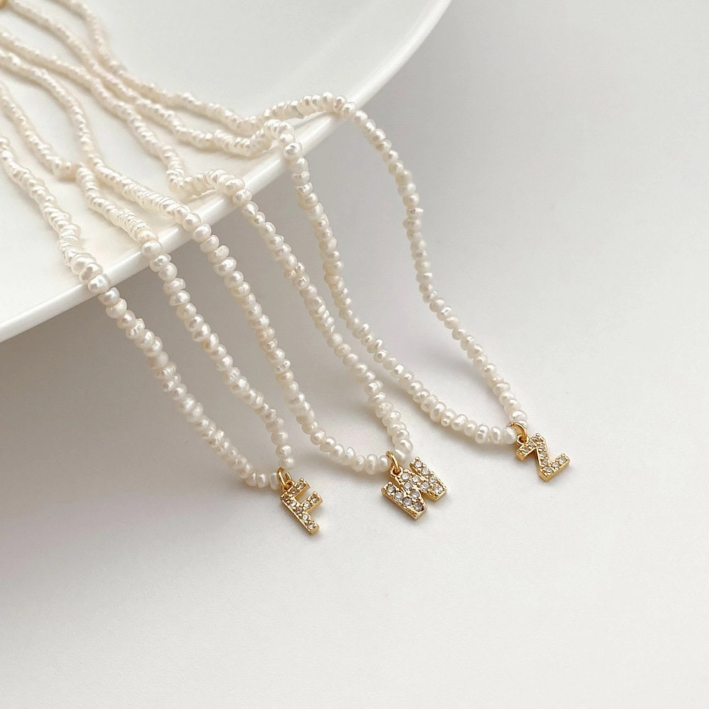 Cultural Item Vacation Gemstone Jewelry Personlized Pearl Initial Necklace with CZ stones | Crystal Pearl Charm Initial Necklace, Personalized White Pearl Necklace, Letter Choker