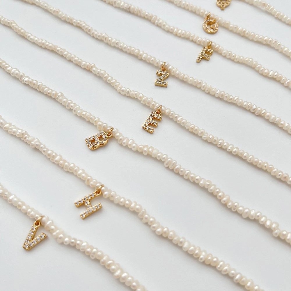 Wonderful Piece Personlized Pearl Initial Necklace with CZ stones | Crystal Pearl Charm Initial Necklace, Personalized White Pearl Necklace, Letter Choker