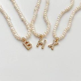 Custom Style Personlized Pearl Initial Necklace with CZ stones | Crystal Pearl Charm Initial Necklace, Personalized White Pearl Necklace, Letter Choker