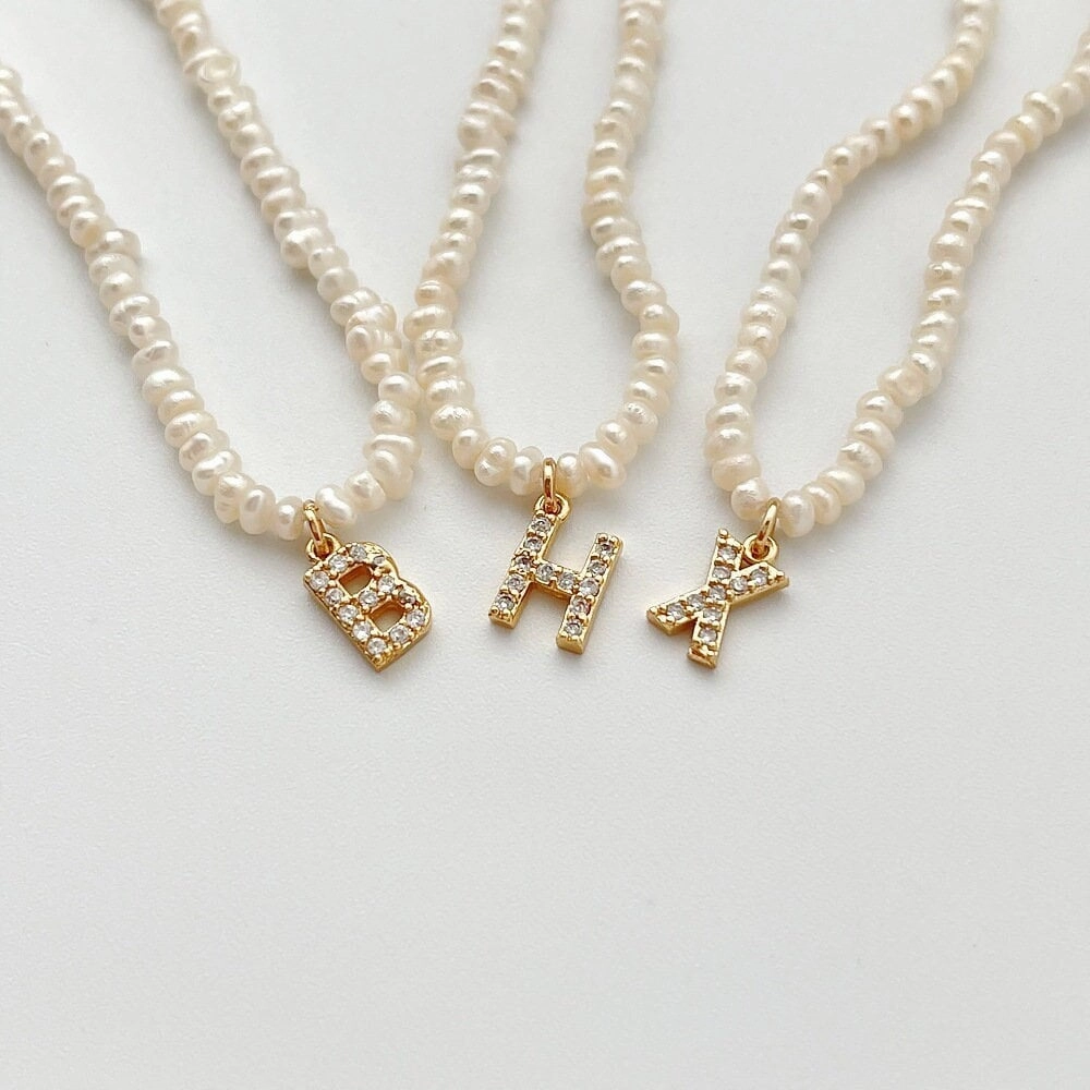 Custom Style Personlized Pearl Initial Necklace with CZ stones | Crystal Pearl Charm Initial Necklace, Personalized White Pearl Necklace, Letter Choker