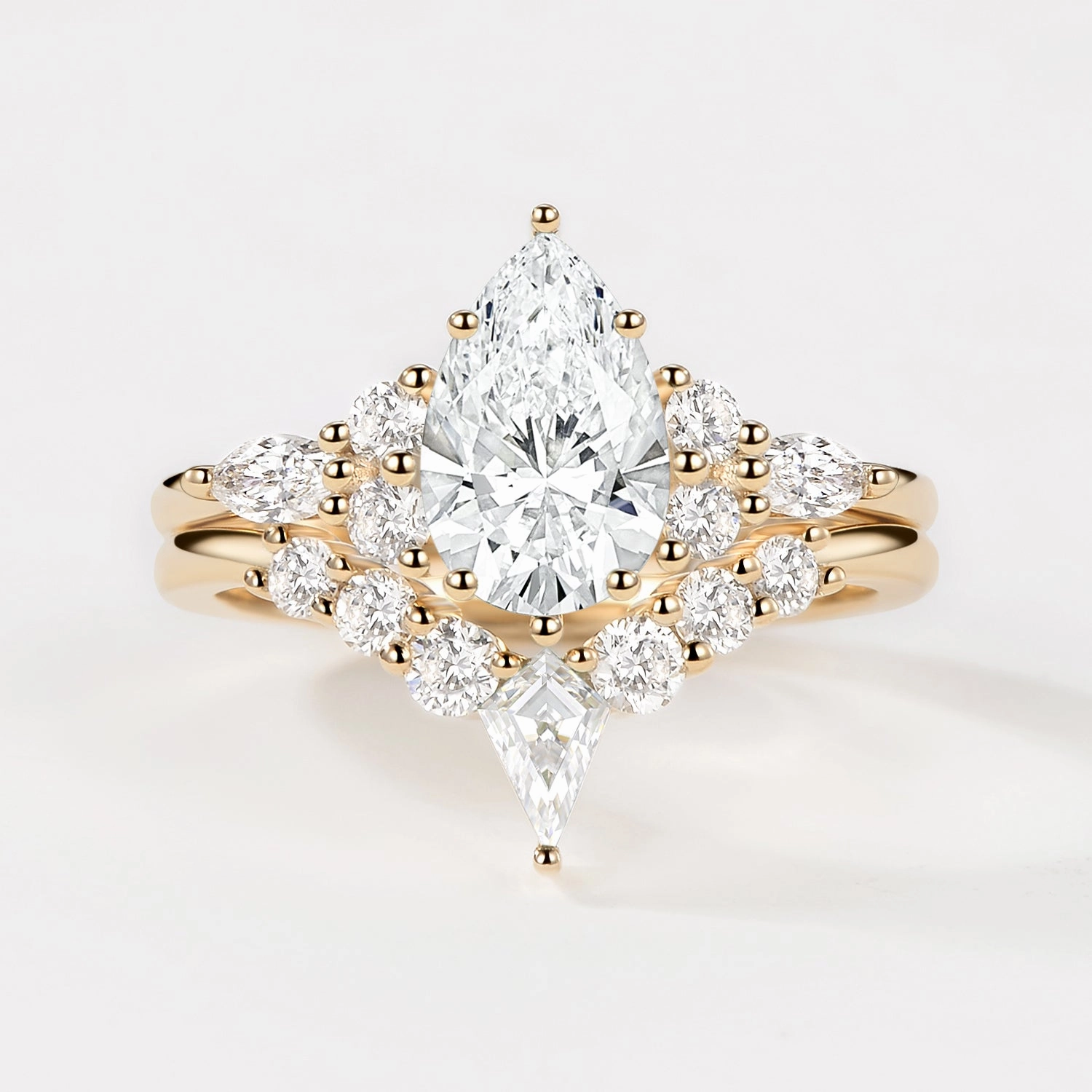 Flawless Accent Fine finishing Lab Grown Diamond Pear Cut Curved Engagement Ring Set 2pcs - Zoey