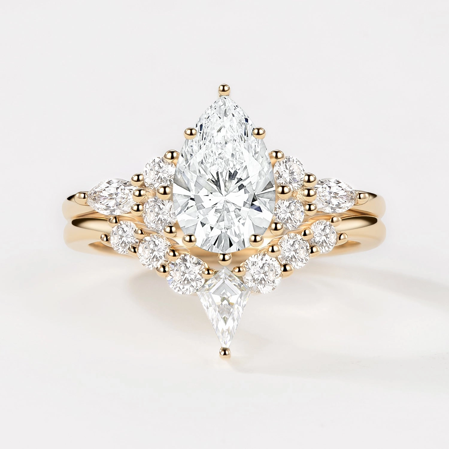 Lab Grown Diamond Pear Cut Curved Engagement Ring Set 2pcs - Zoey Polished Charm Fine Detailing