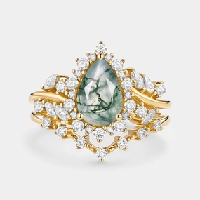 Pear Cut Moss Agate Cluster Engagement Ring Set 2pcs - Kaelin Elegant accessory