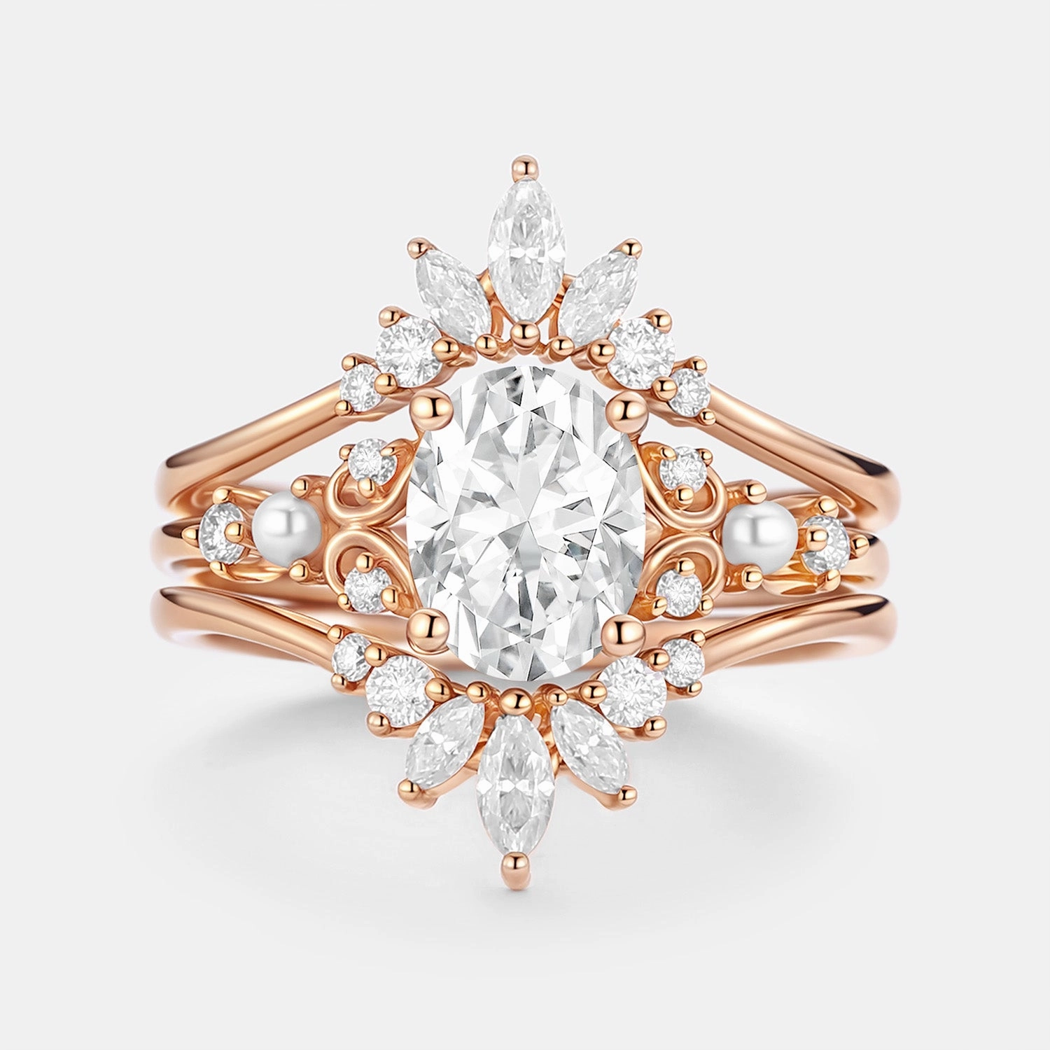 Custom Shine Night Ready Unique Oval Cut Moissanite Engagement Ring Set 2pcs - Raye