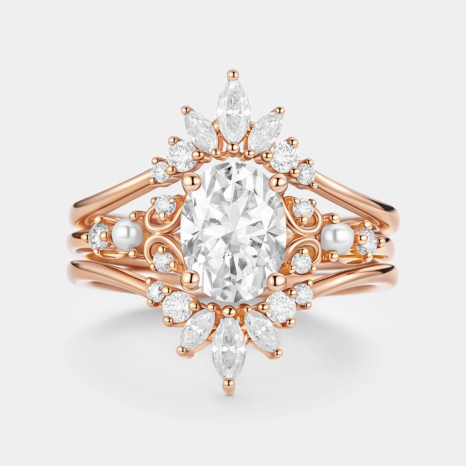 Classic Pop Unique Oval Cut Moissanite Engagement Ring Set 2pcs - Raye