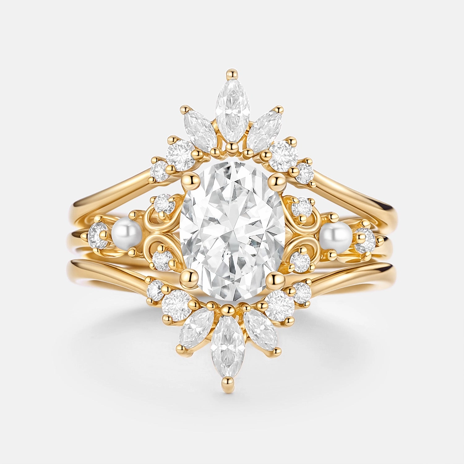 Sleek Detailing Finishing Feature Unique Oval Cut Moissanite Engagement Ring Set 2pcs - Raye