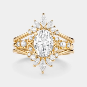 Sleek Detailing Finishing Feature Unique Oval Cut Moissanite Engagement Ring Set 2pcs - Raye