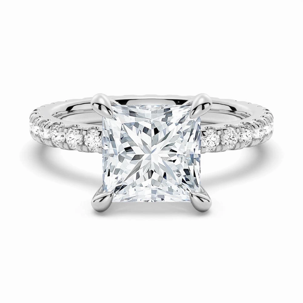 Princess Cut Moissanite Engagement Ring With Eternity Pave Band Timeless Line Minimal Spark