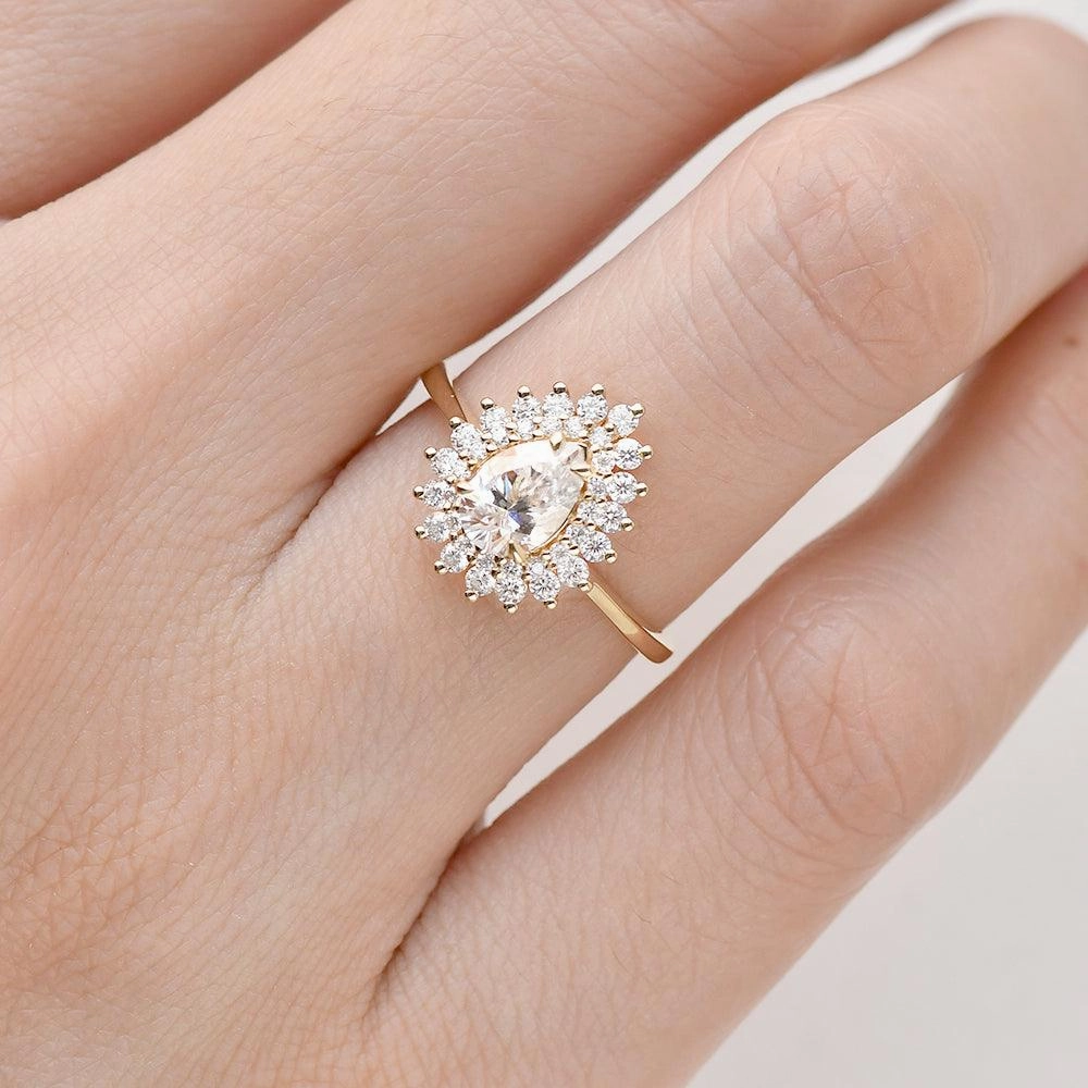 Stacking Moissanite Yellow Gold Halo Ring Bold Form Classic Trend