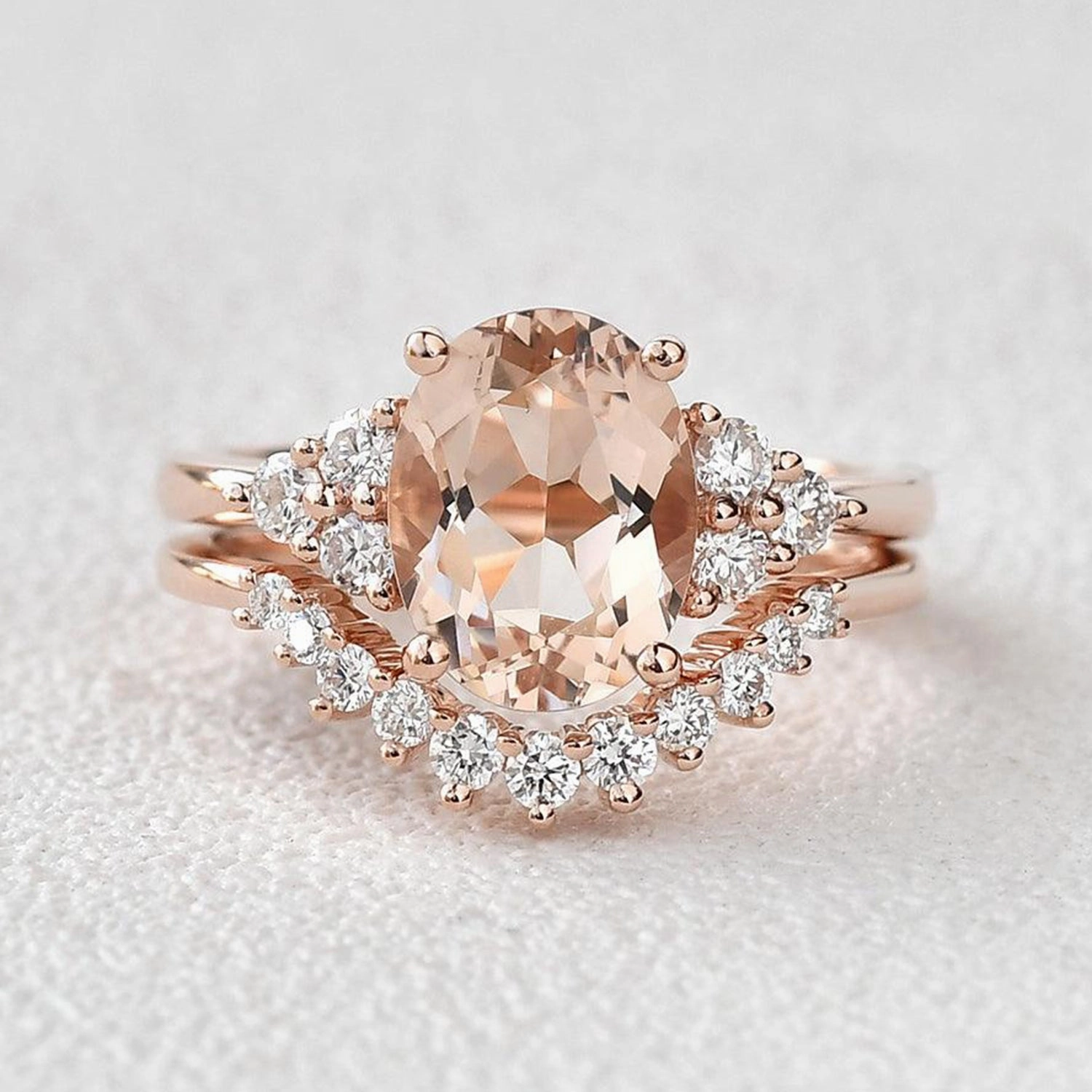 4.75ct Morganite Oval Classic Rose Gold Ring Set 2PCS - Faye Versatile Piece Sleek Sparkle