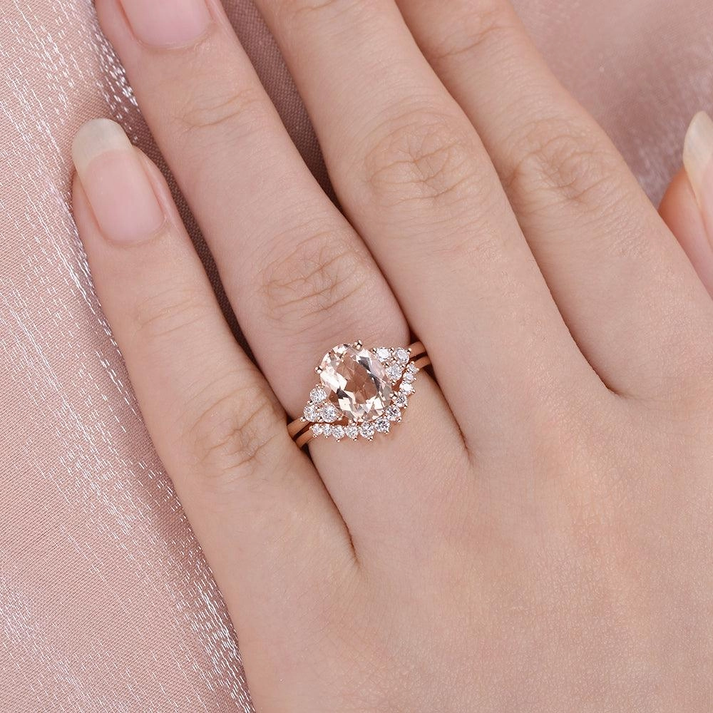 4.75ct Morganite Oval Classic Rose Gold Ring Set 2PCS - Faye Sleek Texture Trendy Accent