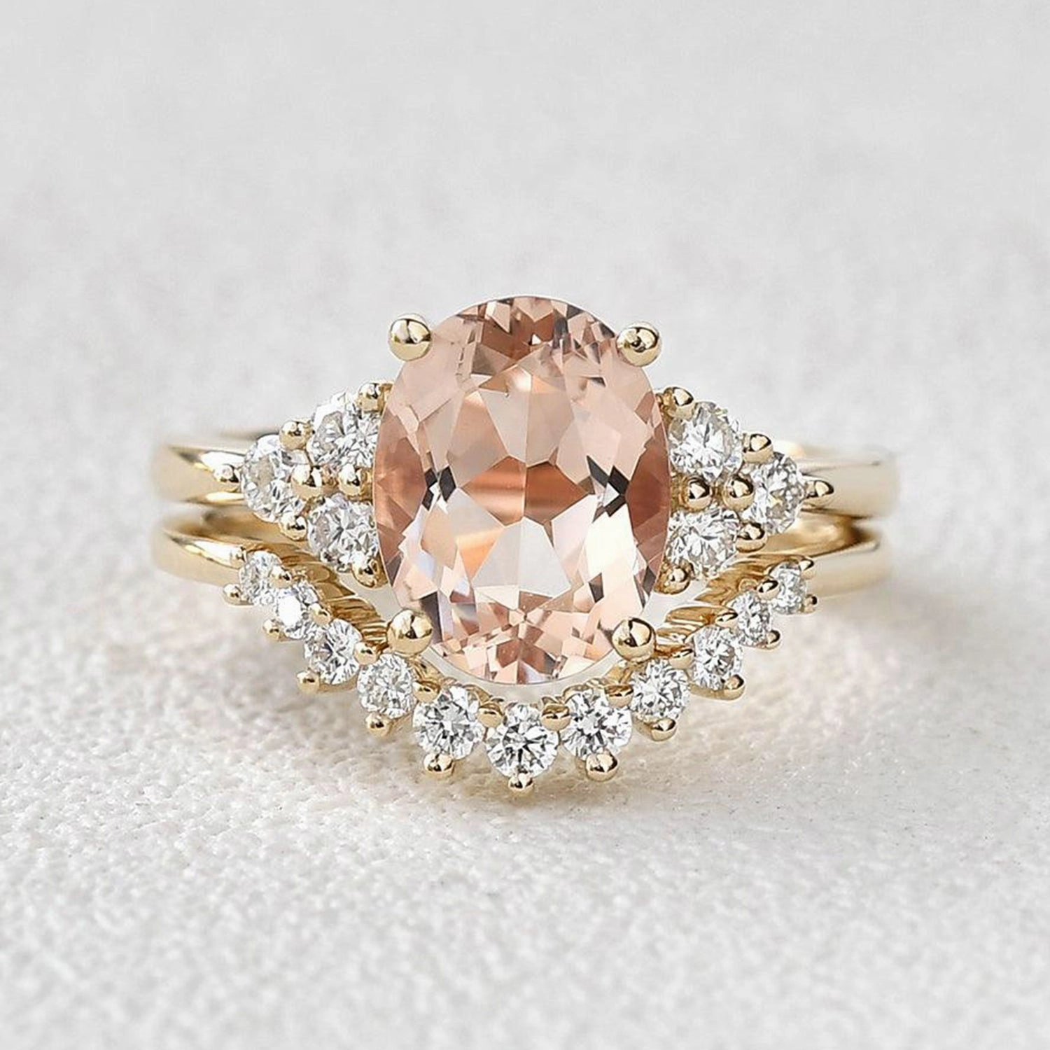 4.75ct Morganite Oval Classic Rose Gold Ring Set 2PCS - Faye Subtle Glow Formal Fit