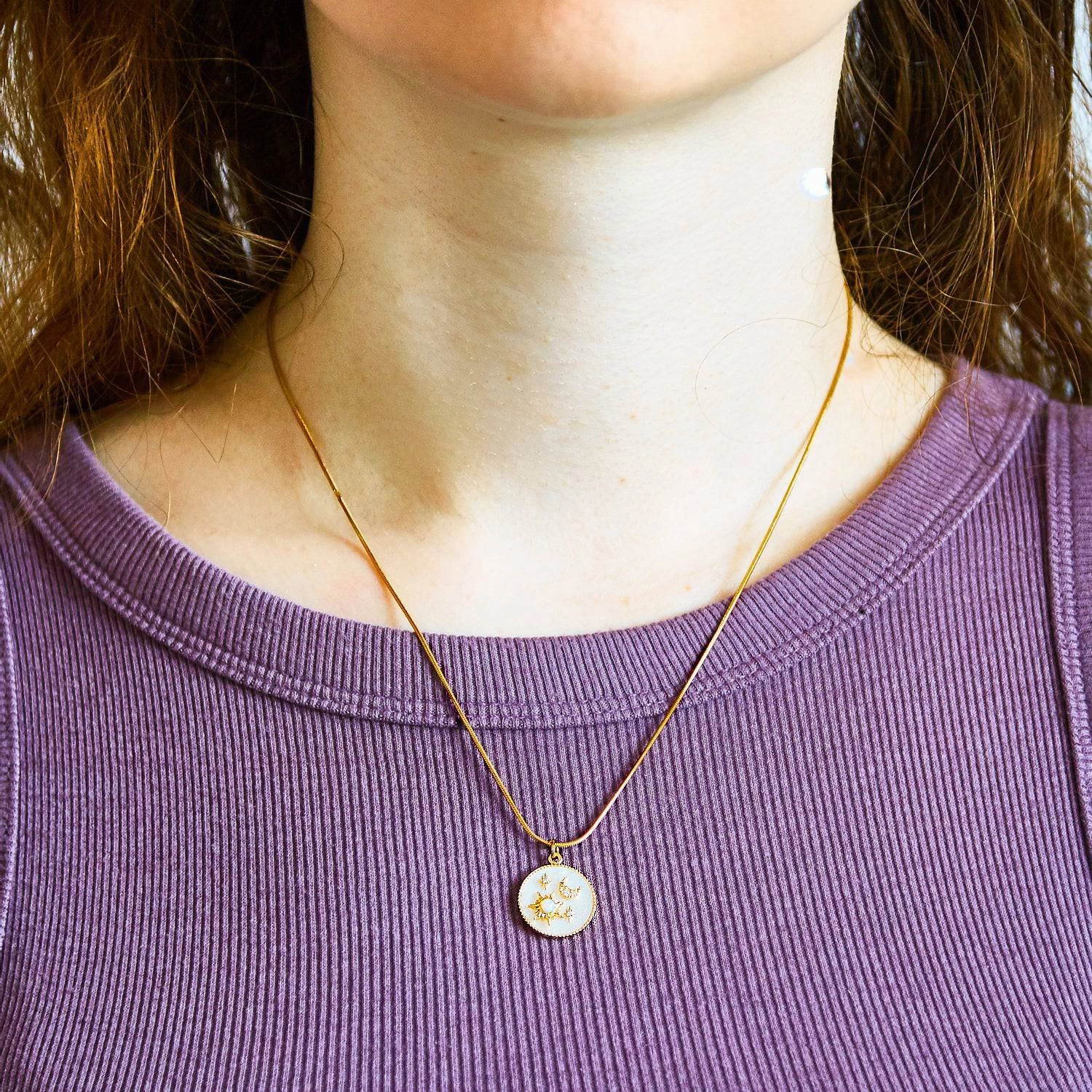Gold Opal Sun & Moon Medallion Necklace Airy Light