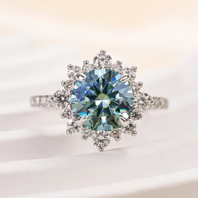 Luxe Lookbook Neutral Tone Louily Snowflake Design Halo Round Cyan Blue Moissanite Stone Engagement Ring In Sterling Silver