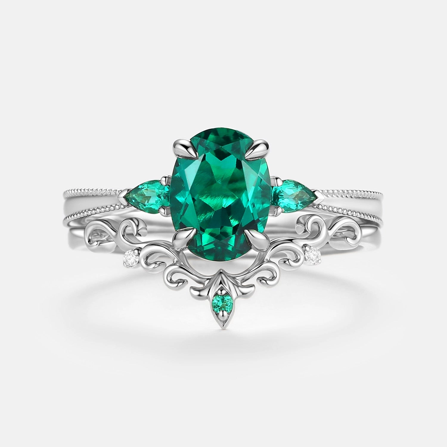Opulent Glow Vintage Oval Cut Lab Emerald Engagement Ring Sets 2pcs - Foliate