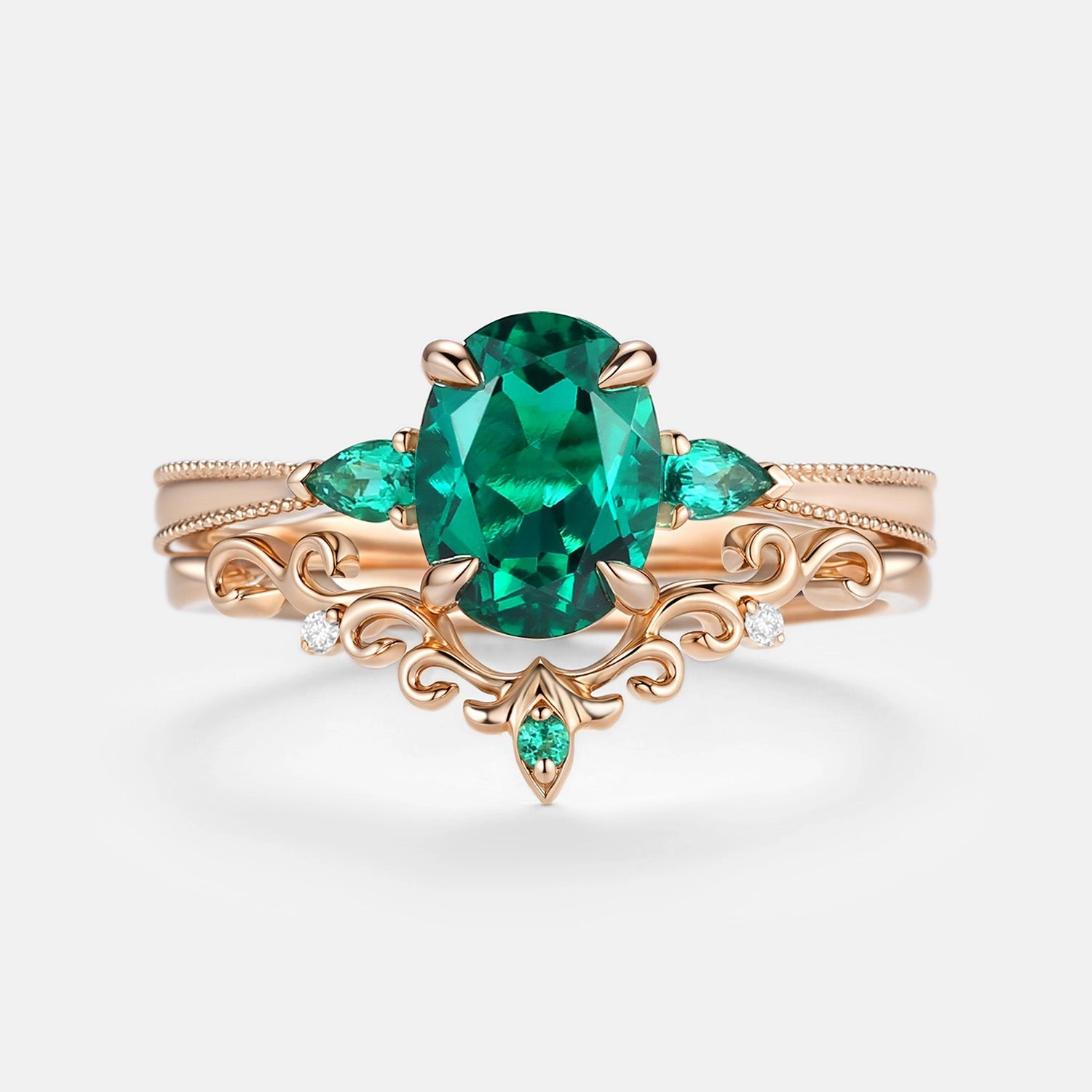 Silky Finish Soft Reflection Vintage Oval Cut Lab Emerald Engagement Ring Sets 2pcs - Foliate