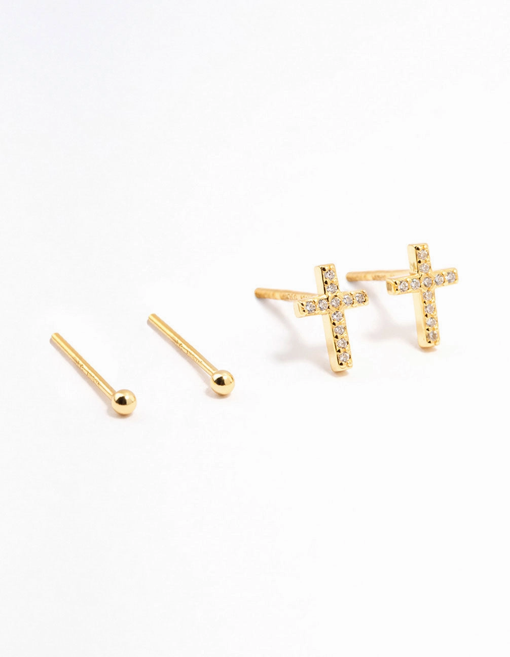 Eye-Catching Sparkle Minimal Highlight Gold Plated Sterling Silver Cubic Zirconia Cross Earrings 2-Pack