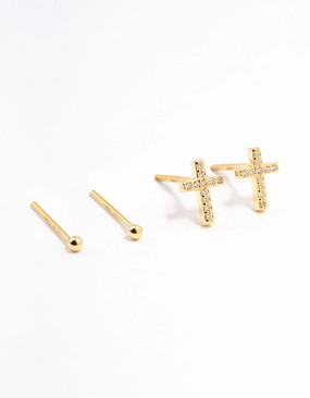 Eye-Catching Sparkle Minimal Highlight Gold Plated Sterling Silver Cubic Zirconia Cross Earrings 2-Pack