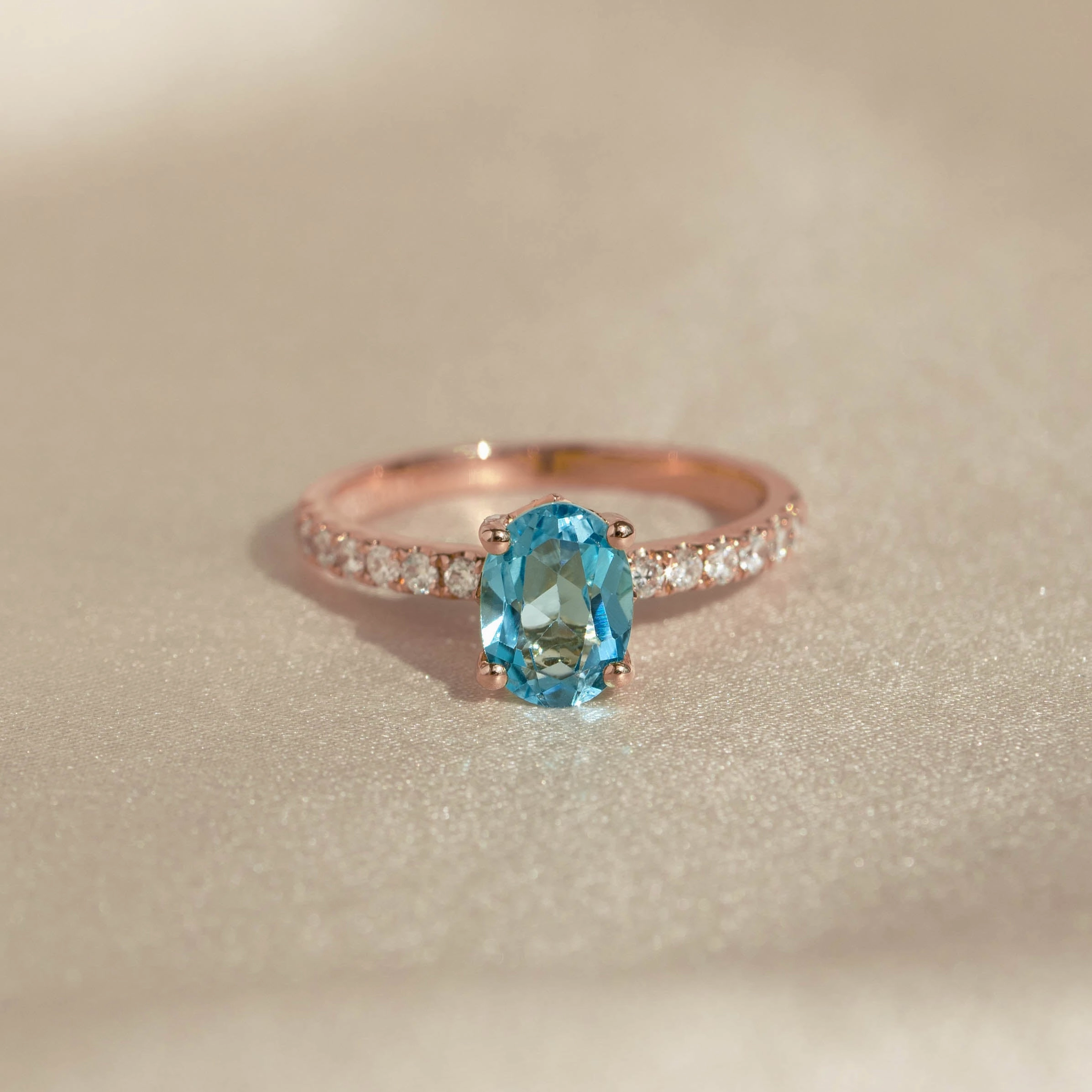 Oval Swiss Blue Topaz and Diamond Ring Rose Gold - Minette Ornate Gift
